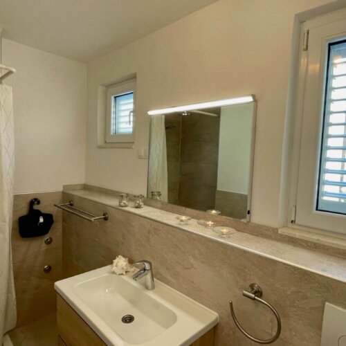 Modern bathroom with shower and sink.